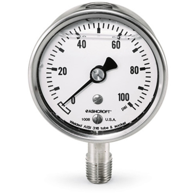 Ashcroft® 4" Liquid-Filled SS Gauge/Case, 30" Hg to 30 PSI, 1/4" NPT(M) Lower Mount