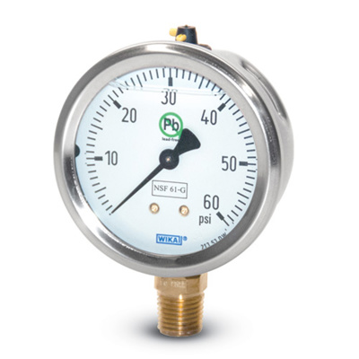 WIKA® Pressure Gauge, 2.5", 0 - 100 Psi, Lead-Free Bronze, Liquid Filled, 213.53, 52572561
