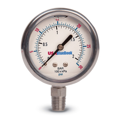 USABlueBook® 2-1/2" Liquid-Filled Gauge, 0 to 100 psi, SS Case & Stem