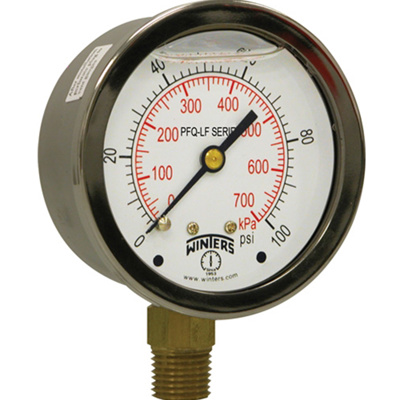 Winters Lead Free 2.5" Liquid Filled Gauge, with NSF Approval, 0 to 100 PSI, PFQ804LF